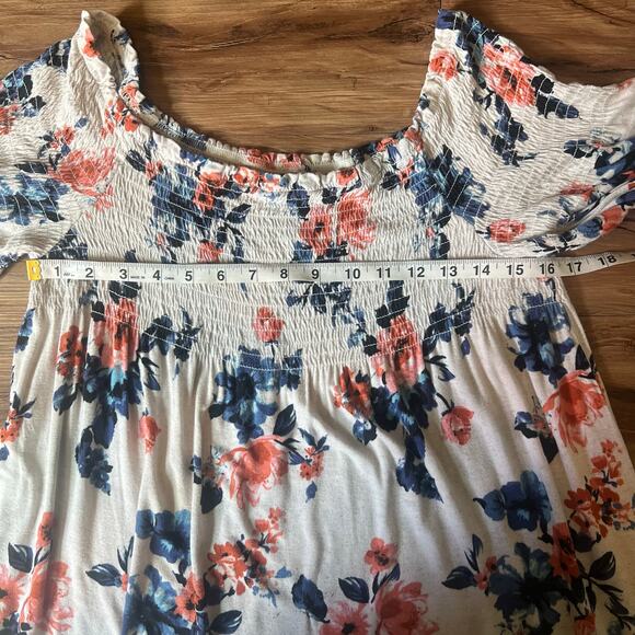 Cream Blue Pink Size XL Rewind Y2K Smocked Off The Shoulder Floral Print Top - Picture 6 of 7